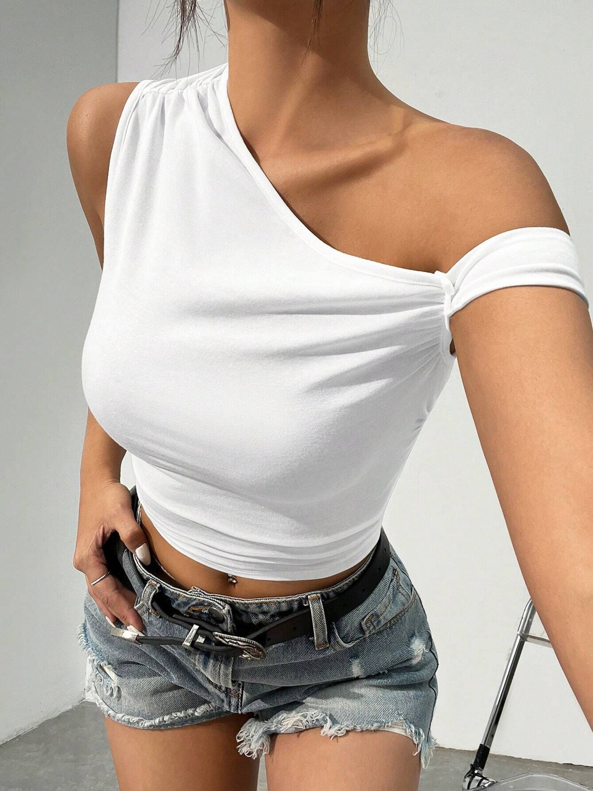 Asymmetric One Shoulder Ruched Crop Top - White - 2