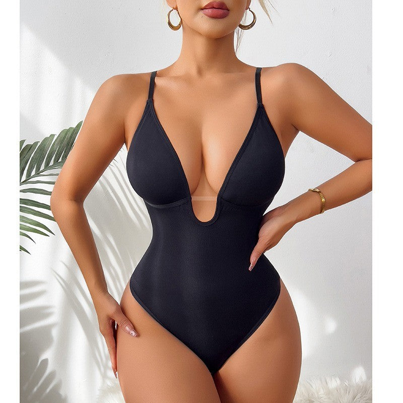 Ribbed Deep Plunge Thong Shaping Bodysuit - Black