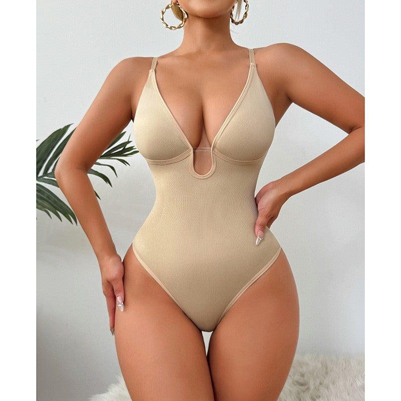 Ribbed Deep Plunge Thong Shaping Bodysuit