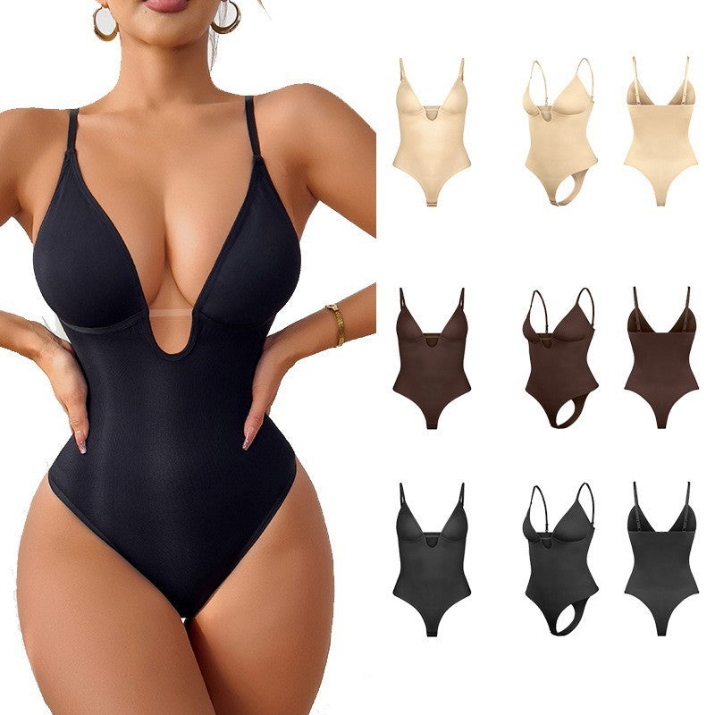 Ribbed Deep Plunge Thong Shaping Bodysuit