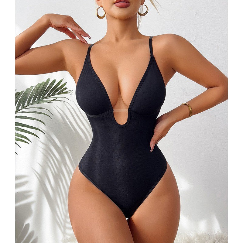 Ribbed Deep Plunge Thong Shaping Bodysuit