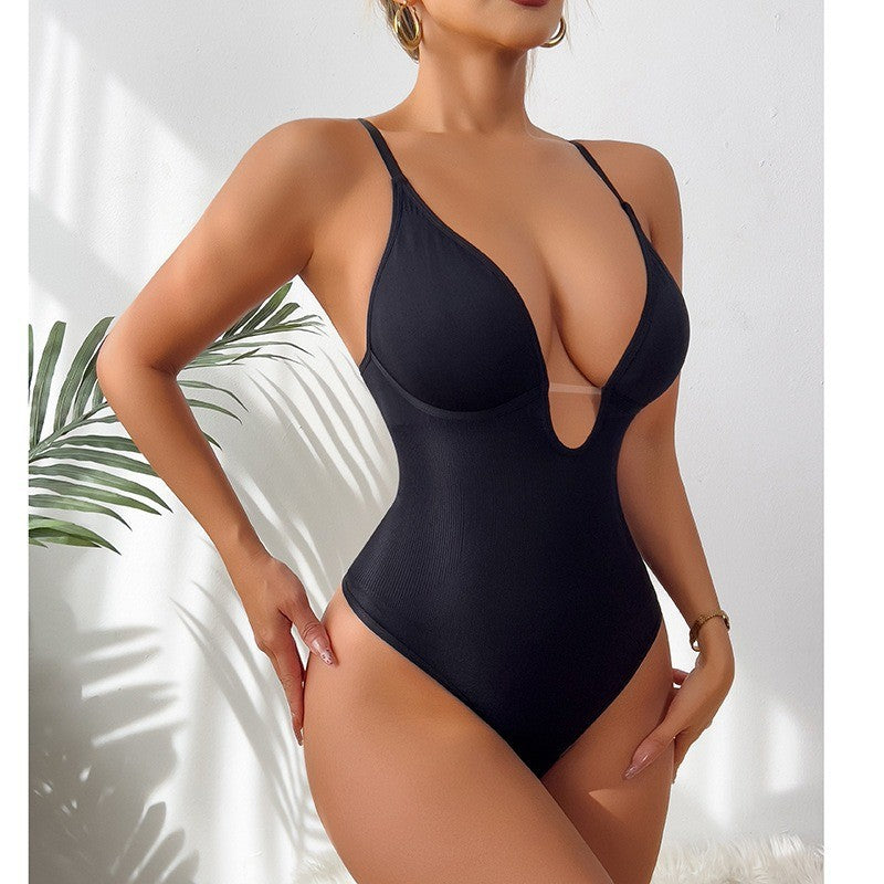Ribbed Deep Plunge Thong Shaping Bodysuit
