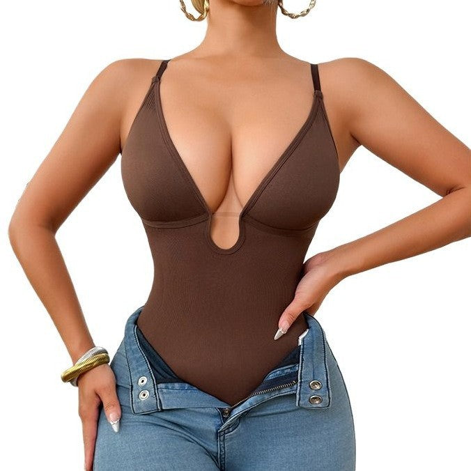 Ribbed Deep Plunge Thong Shaping Bodysuit
