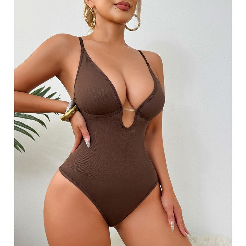 Ribbed Deep Plunge Thong Shaping Bodysuit