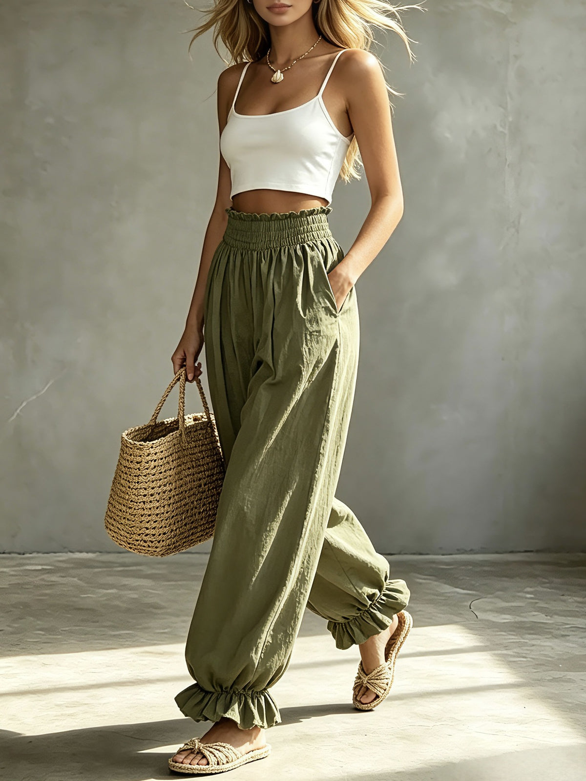 Ruffle Cuff Balloon Pants With Smocked Waistband - ArmyGreen - 1