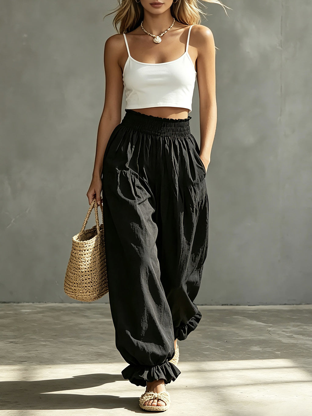Ruffle Cuff Balloon Pants With Smocked Waistband - Black