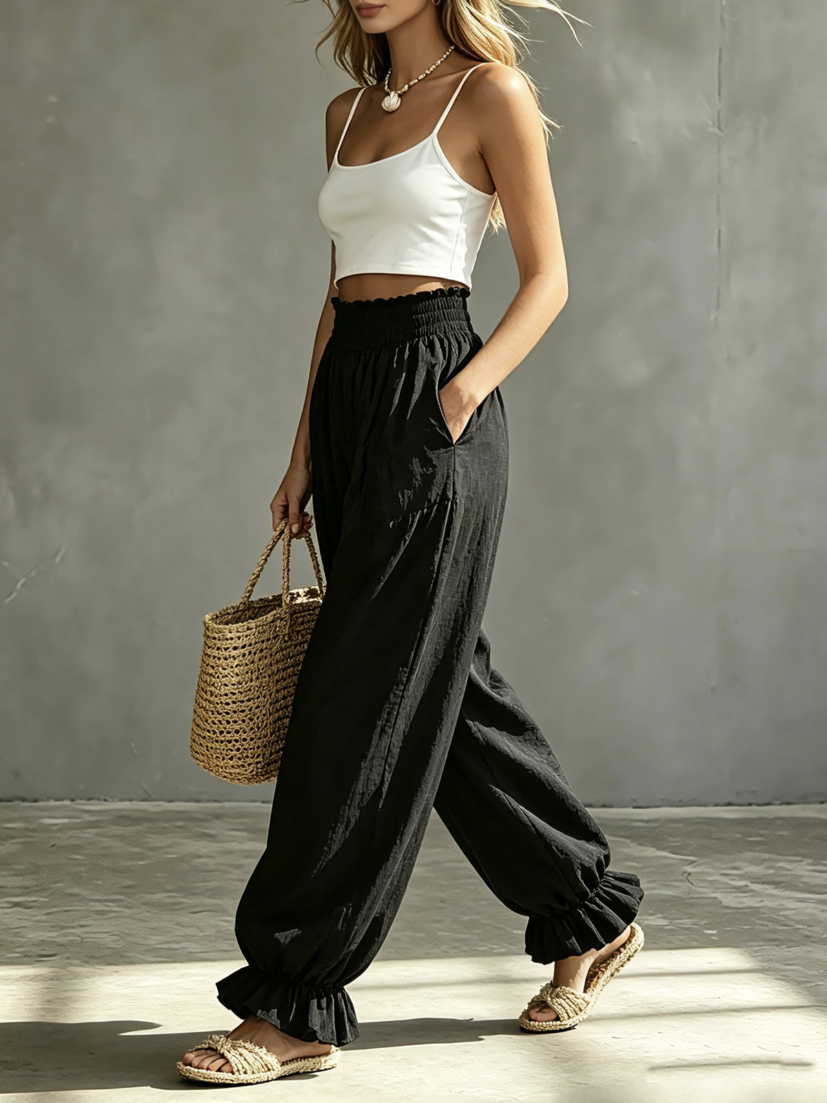 Ruffle Cuff Balloon Pants With Smocked Waistband - Black - 1