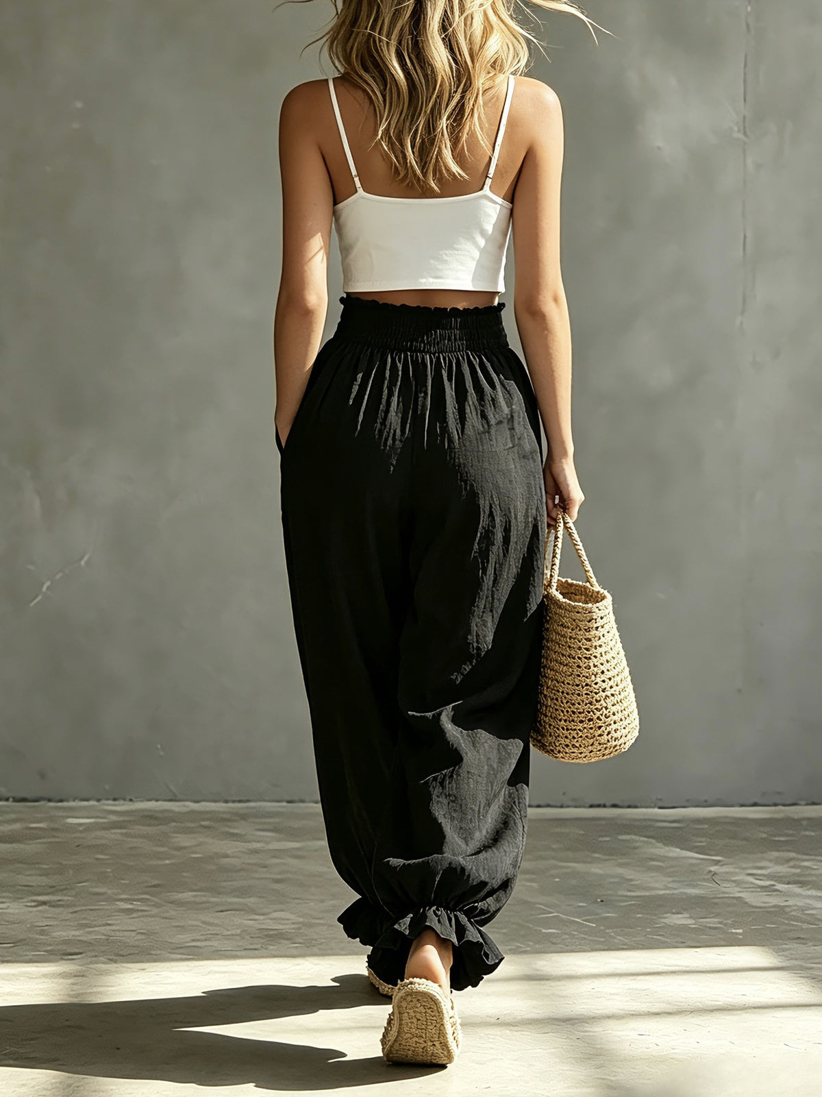 Ruffle Cuff Balloon Pants With Smocked Waistband - Black - 2