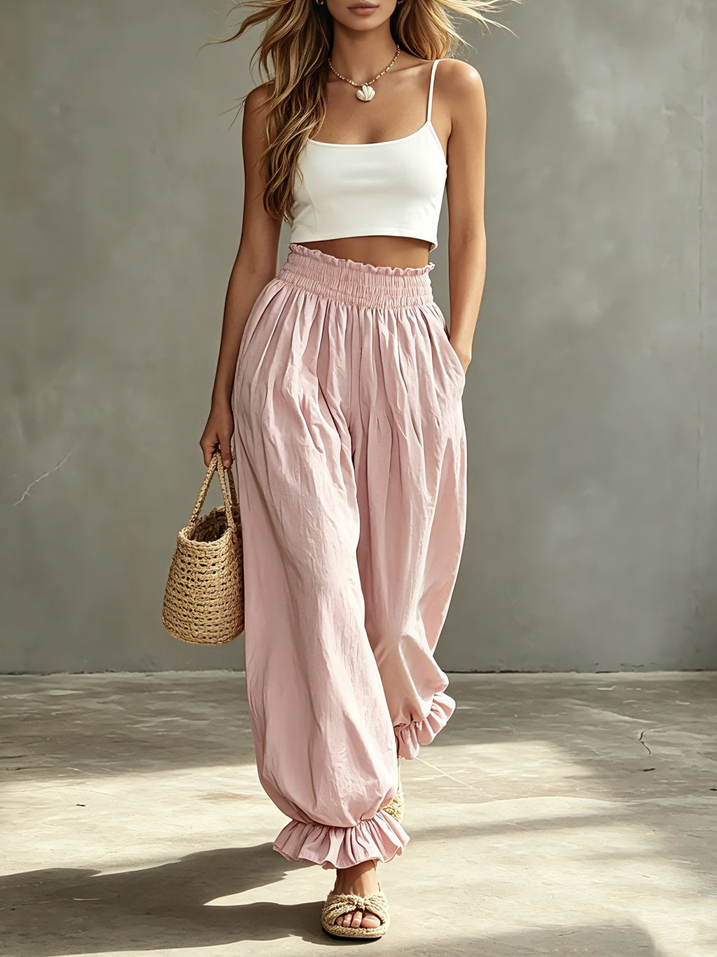 Ruffle Cuff Balloon Pants With Smocked Waistband - Pink