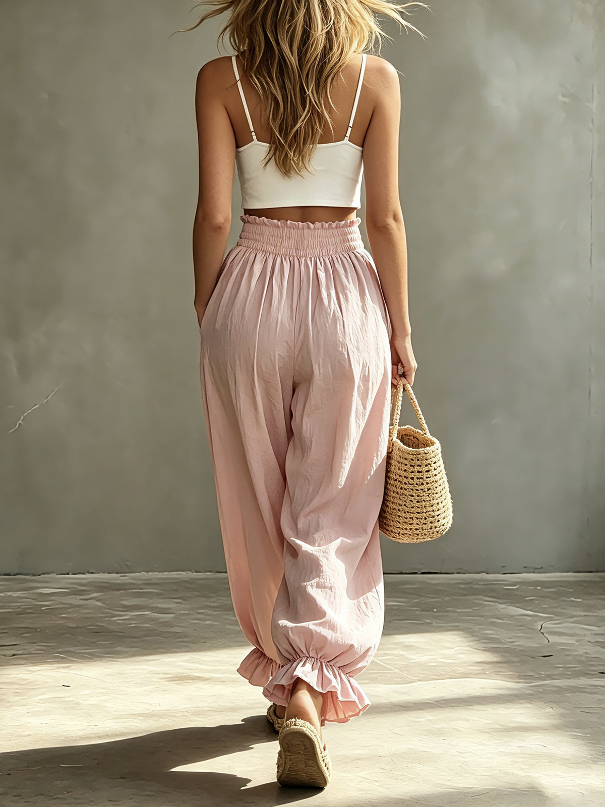 Ruffle Cuff Balloon Pants With Smocked Waistband - Pink - 2