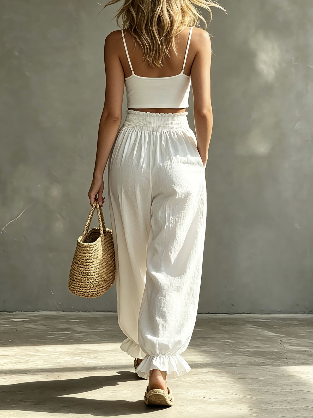 Ruffle Cuff Balloon Pants With Smocked Waistband - White - 2