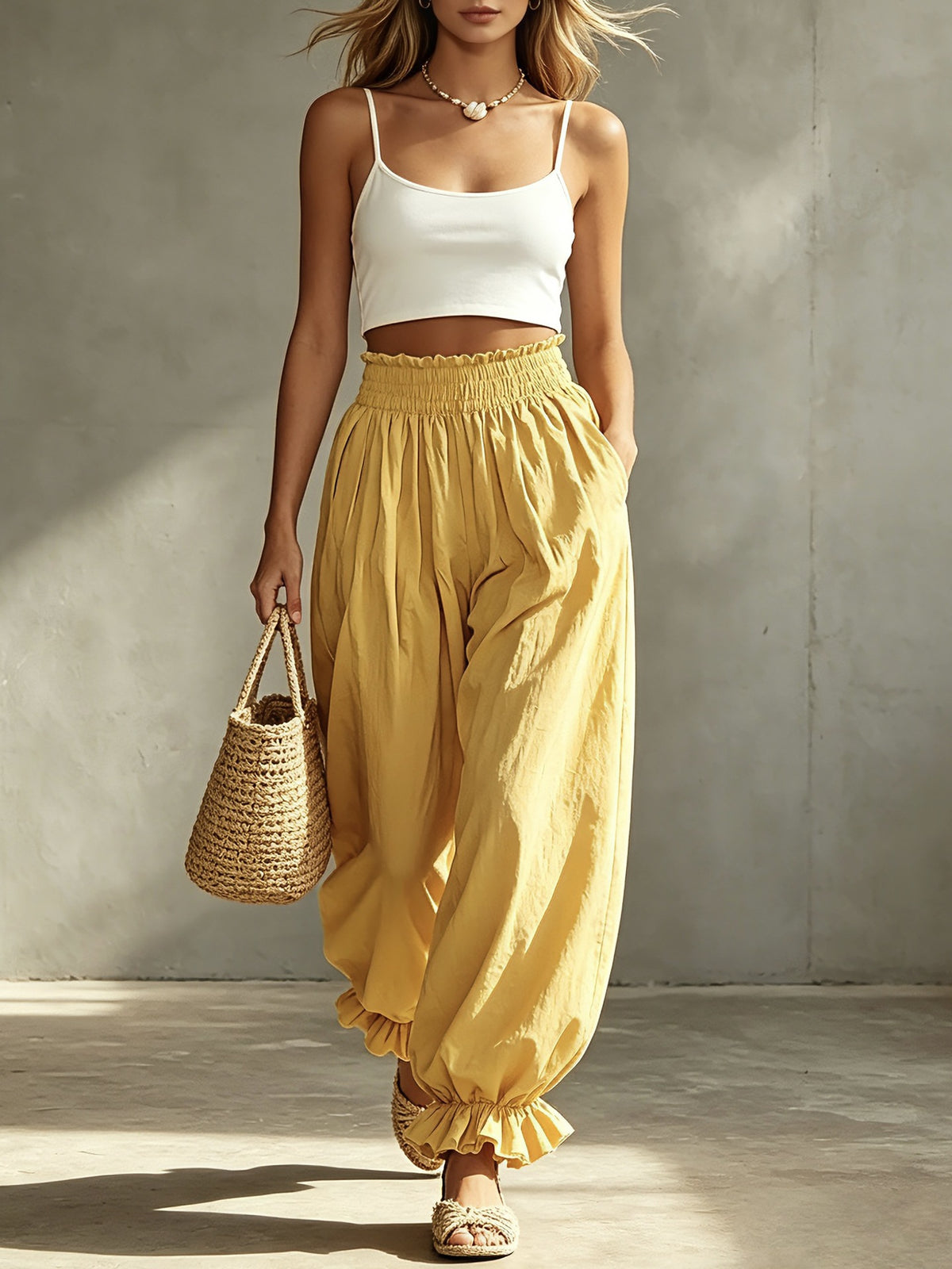 Ruffle Cuff Balloon Pants With Smocked Waistband - Yellow