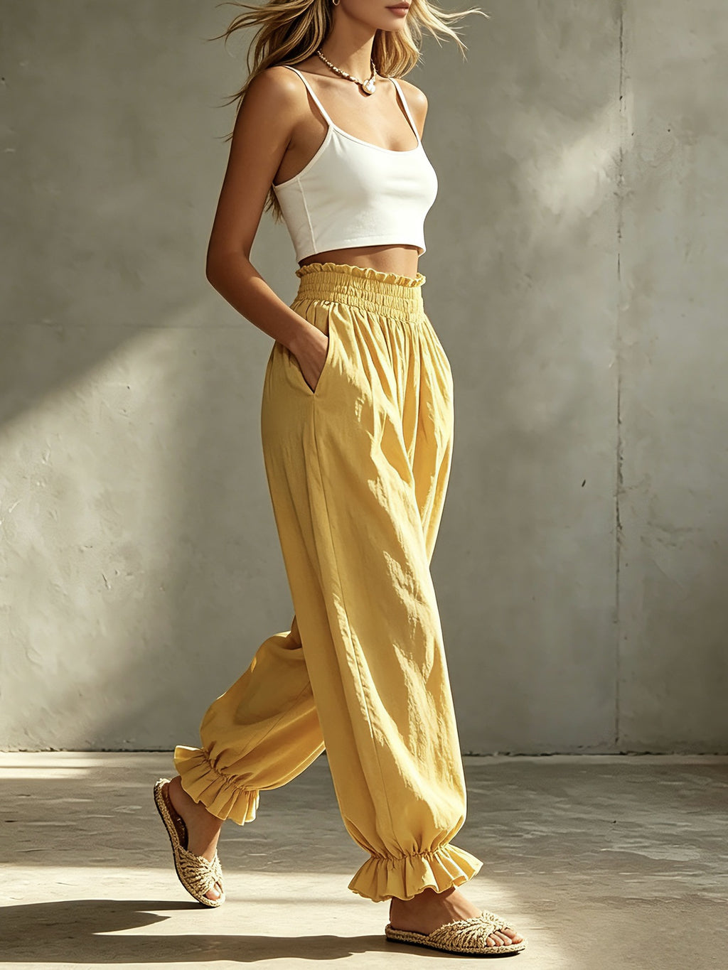 Ruffle Cuff Balloon Pants With Smocked Waistband - Yellow - 1