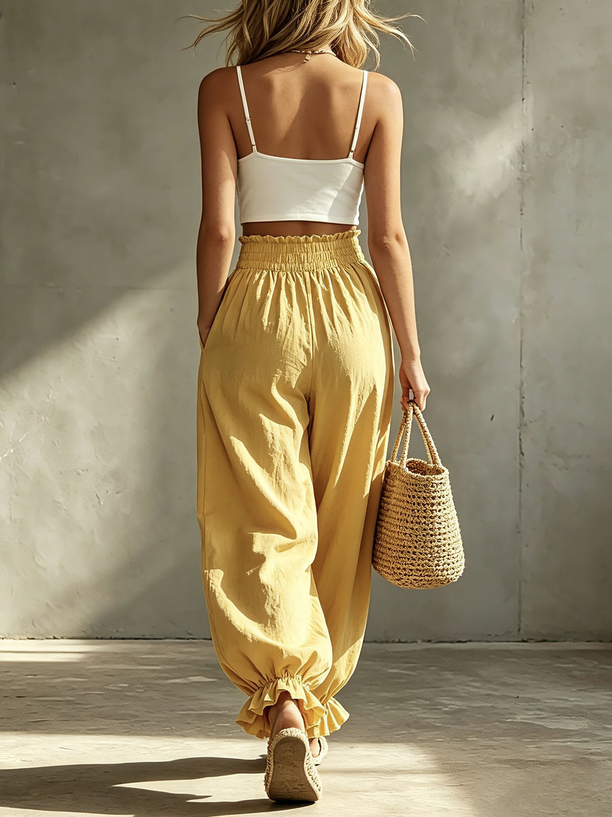 Ruffle Cuff Balloon Pants With Smocked Waistband - Yellow - 2
