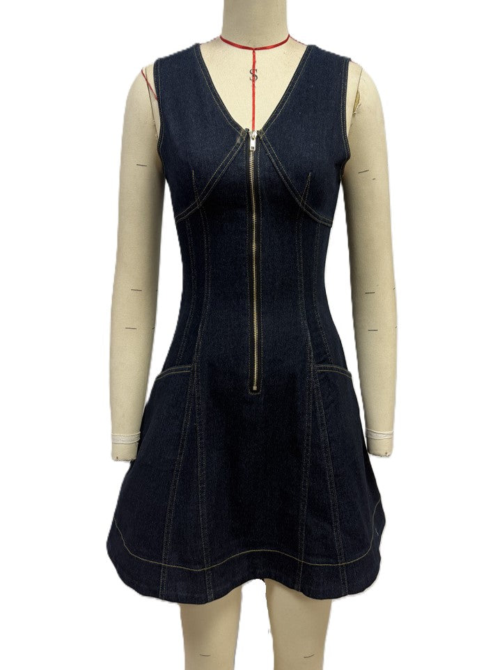 Zip Front Denim Fit And Flare Mini Dress - DarkBlue