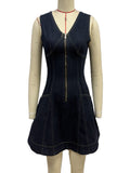 Zip Front Denim Fit And Flare Mini Dress - DarkBlue