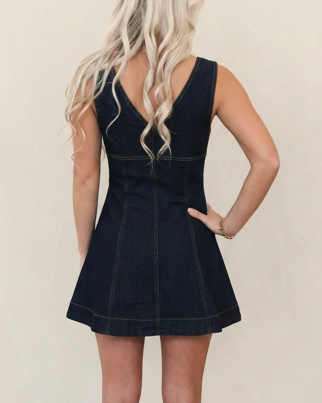 Zip Front Denim Fit And Flare Mini Dress - DarkBlue - 3