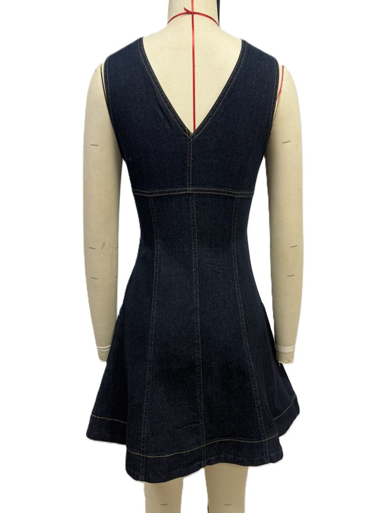 Zip Front Denim Fit And Flare Mini Dress - DarkBlue - 4