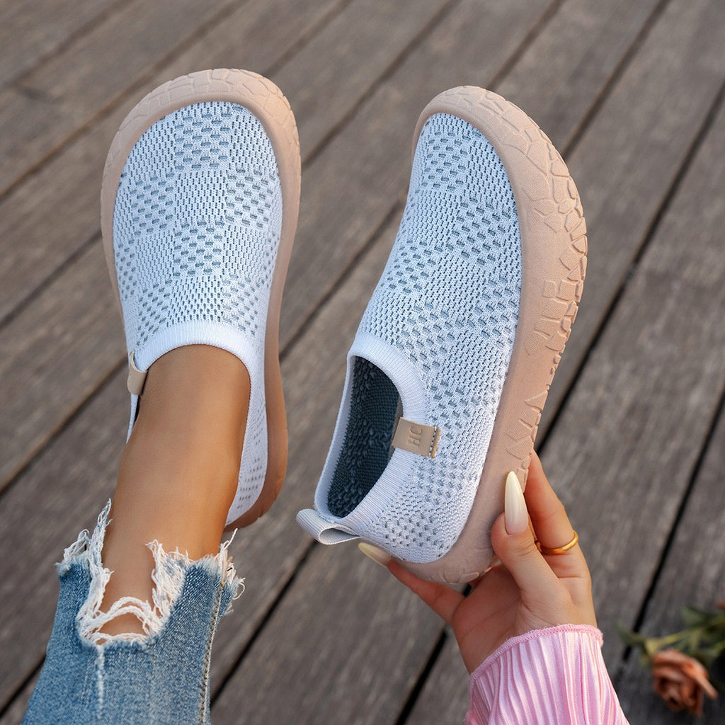 Checkered Breathable Knit Slip-On Platform Sneakers - White