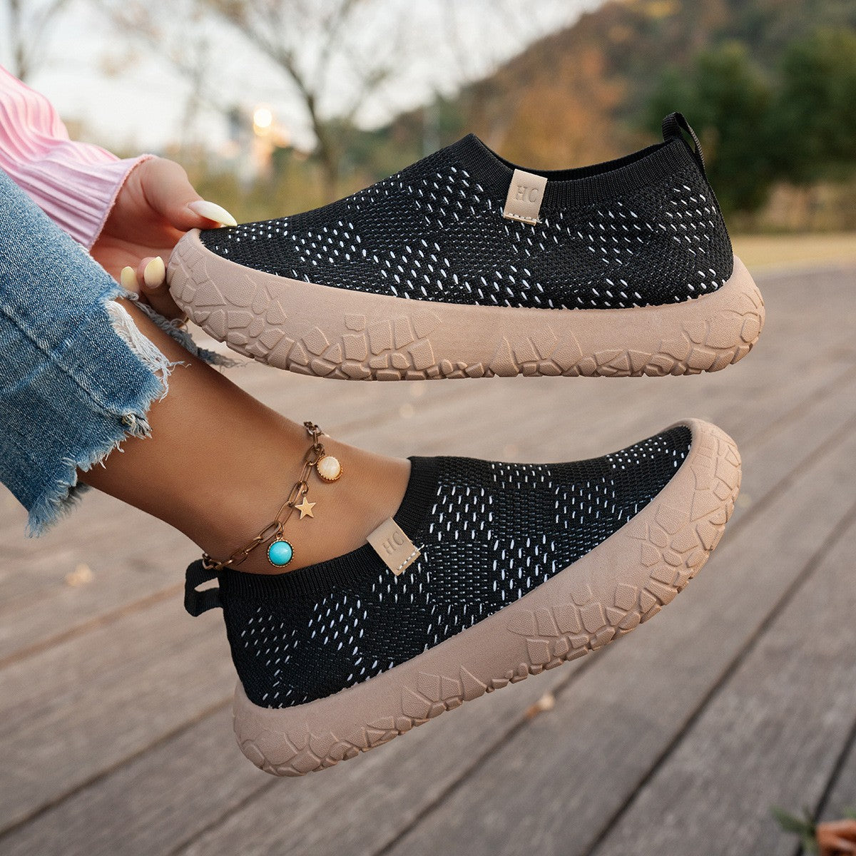 Checkered Breathable Knit Slip-On Platform Sneakers