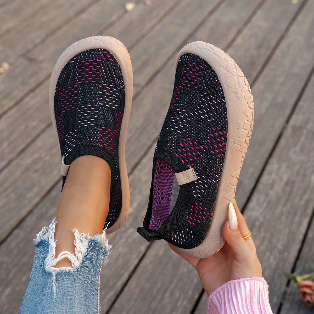 Checkered Breathable Knit Slip-On Platform Sneakers