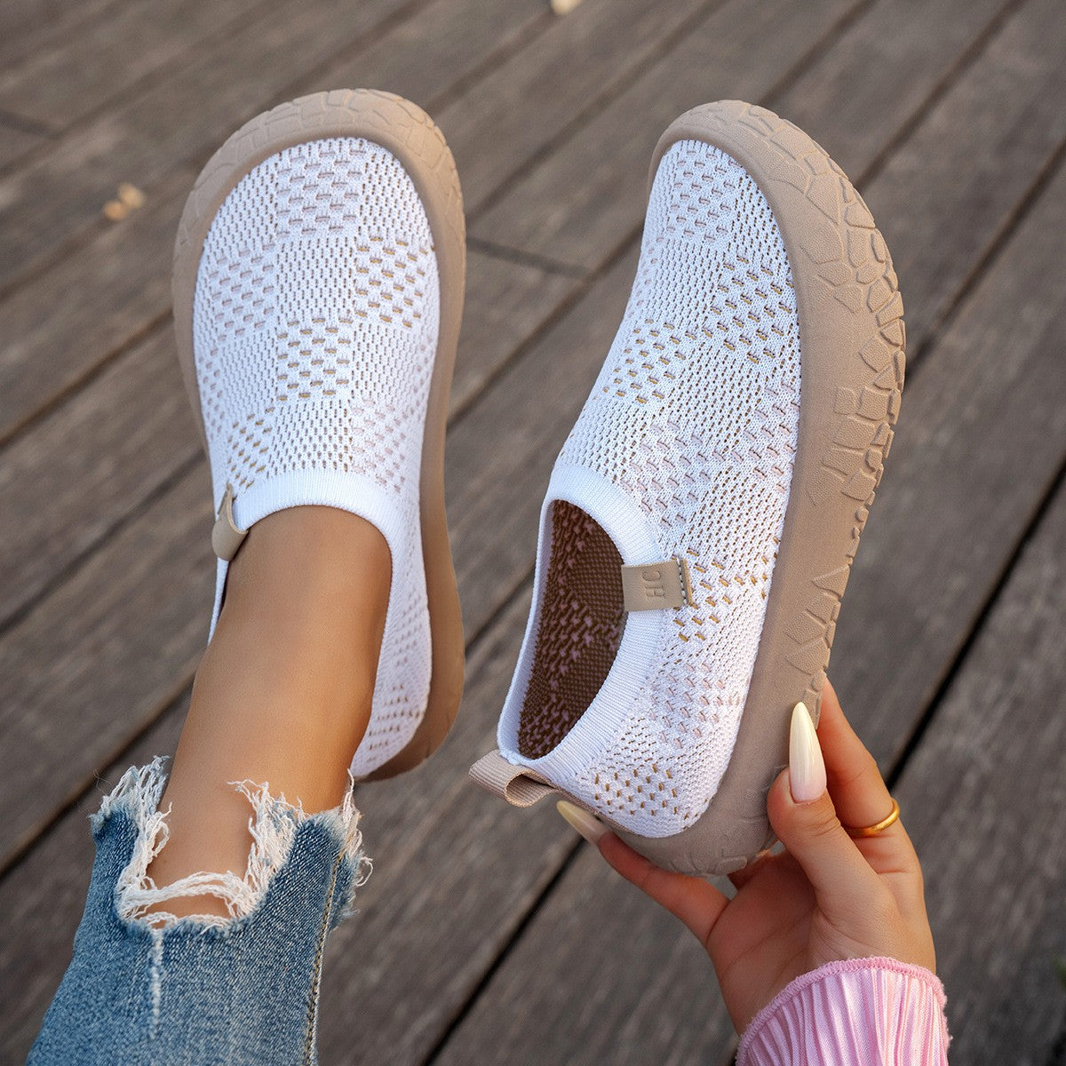 Checkered Breathable Knit Slip-On Platform Sneakers