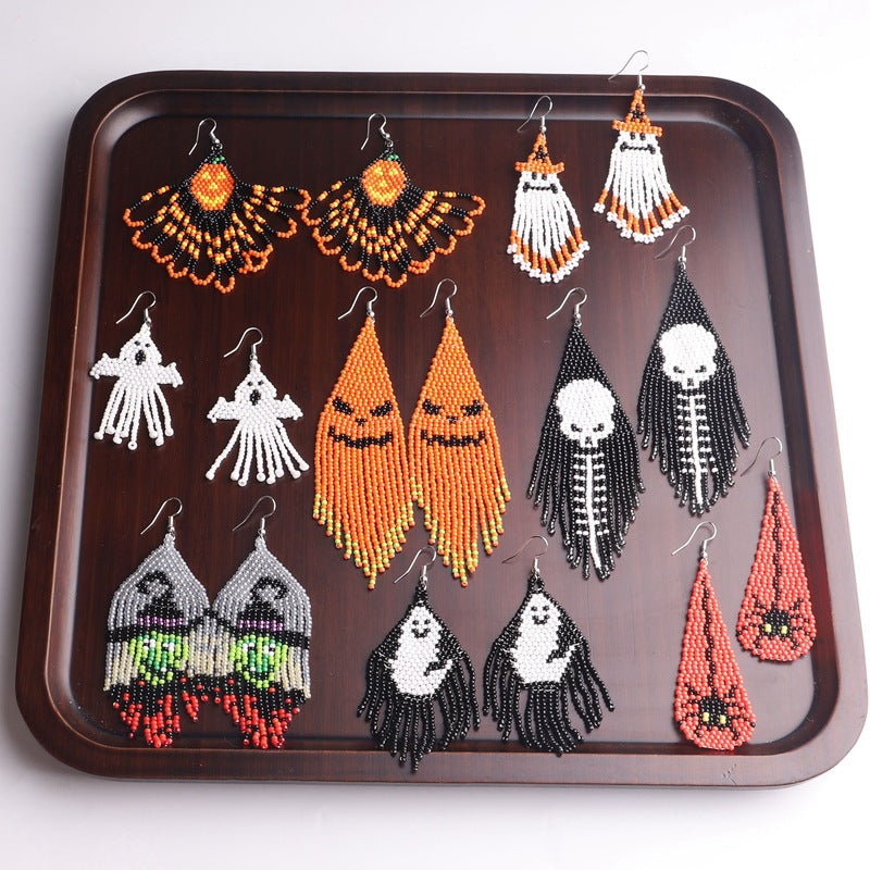 Beaded Fringe Halloween Ghost Drop Earrings
