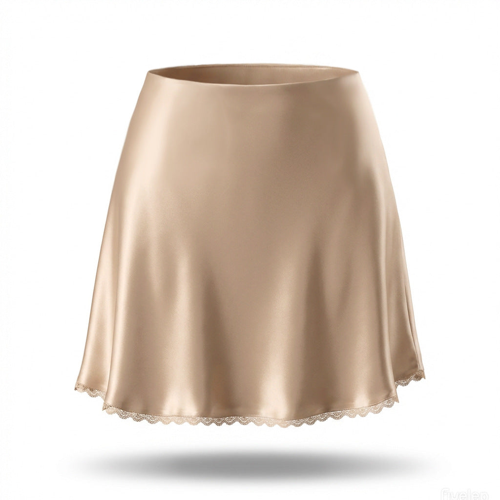 Satin Scalloped Lace Hem Mini Skirt - Apricot - 1