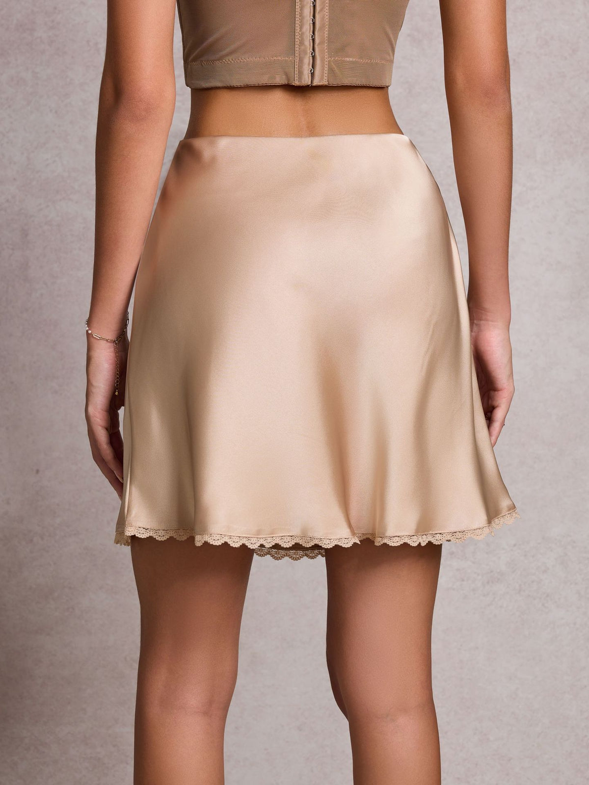 Satin Scalloped Lace Hem Mini Skirt - Apricot - 2