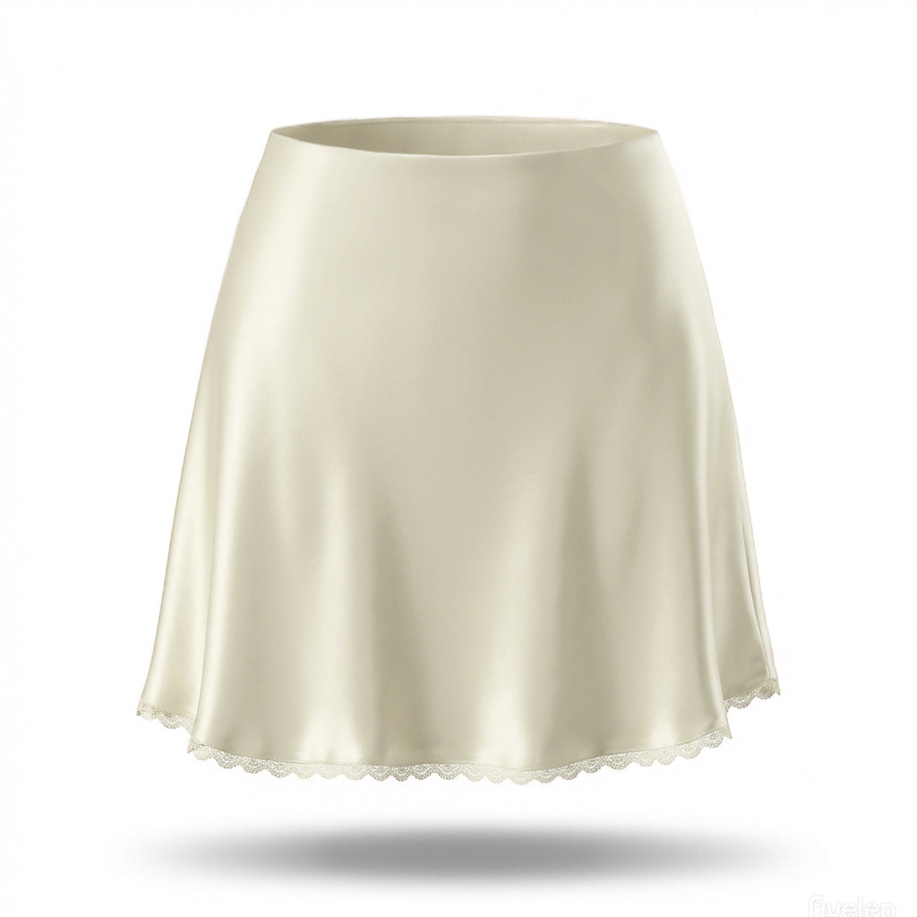 Satin Scalloped Lace Hem Mini Skirt - Beige