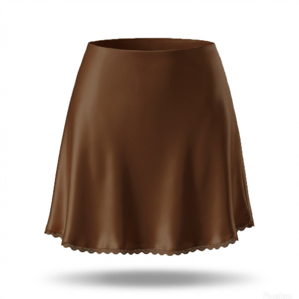 Satin Scalloped Lace Hem Mini Skirt - Brown