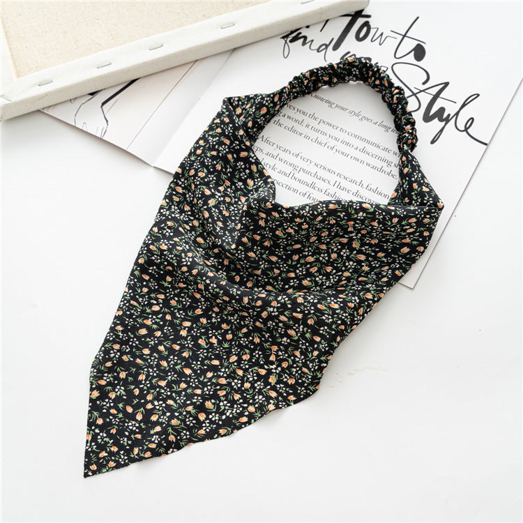Small Floral Kerchief Elastic Headband - Black