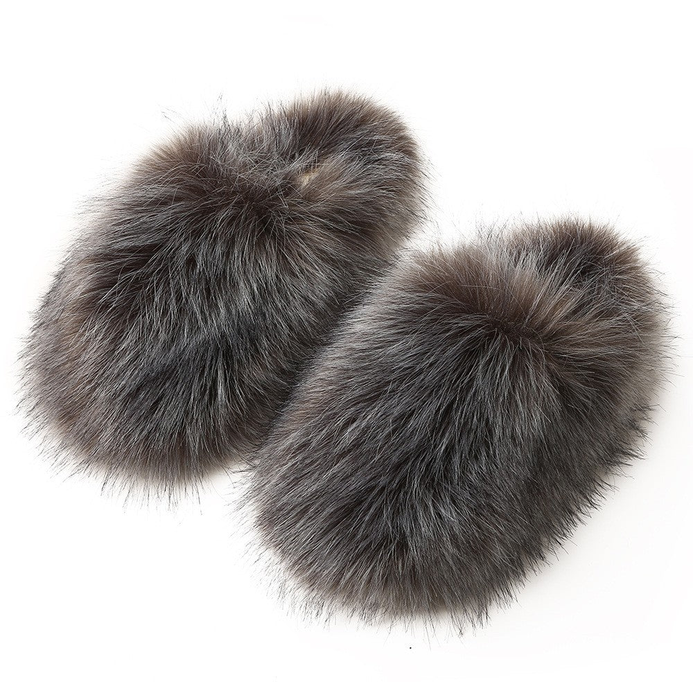 Oversized Faux Fur Closed Toe Slippers - Charcoal