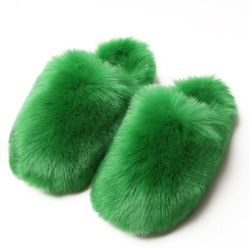 Oversized Faux Fur Closed Toe Slippers - Green