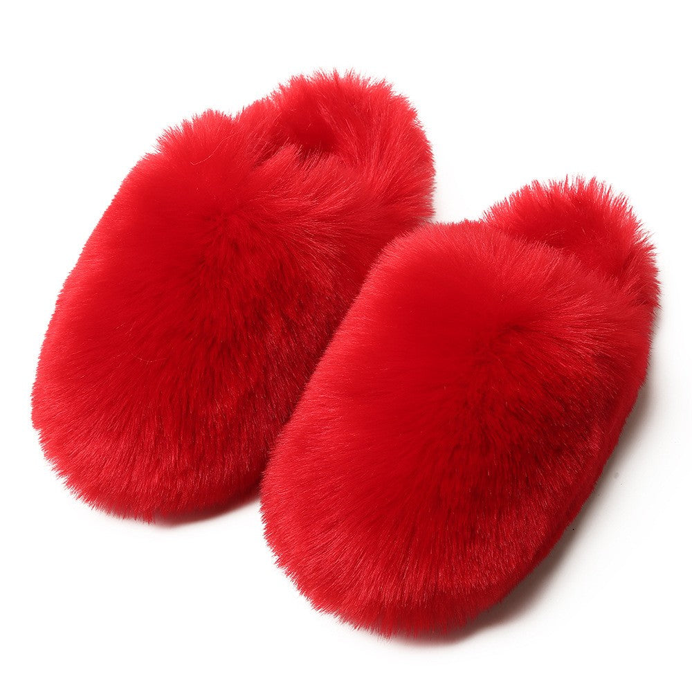 Oversized Faux Fur Closed Toe Slippers - Red