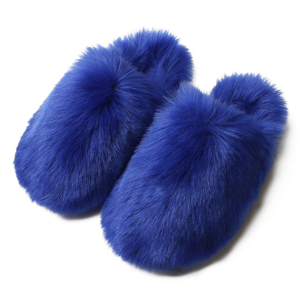 Oversized Faux Fur Closed Toe Slippers - Royal Blue