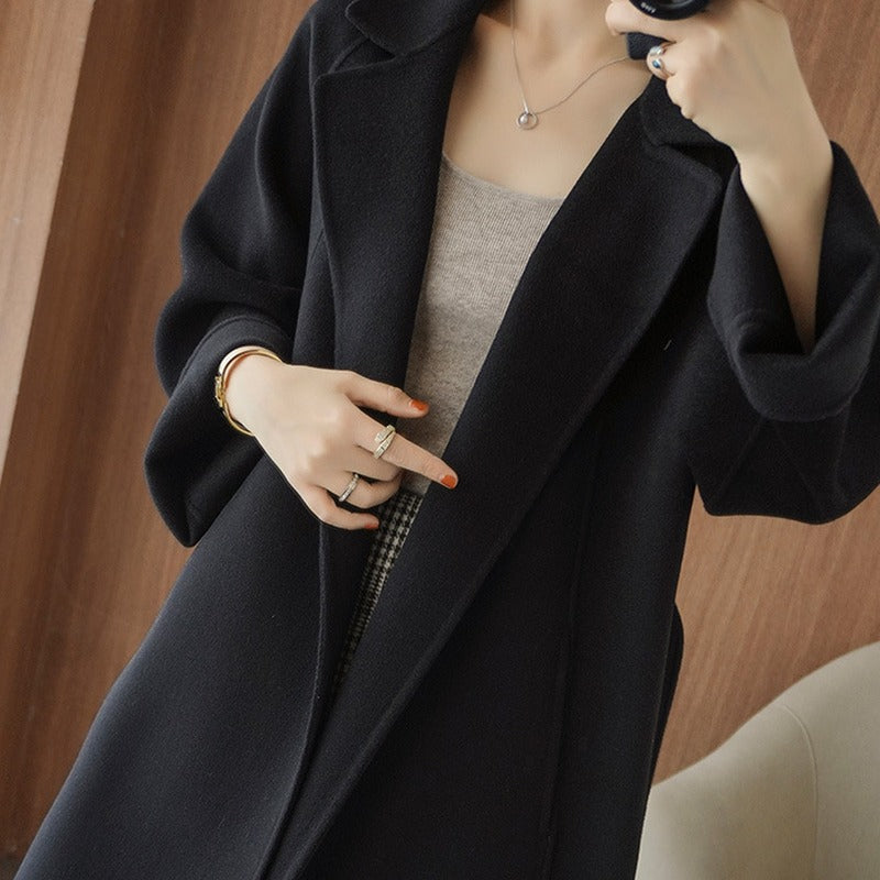 Oversized Raglan Sleeve Belted Wool Long Coat - Black