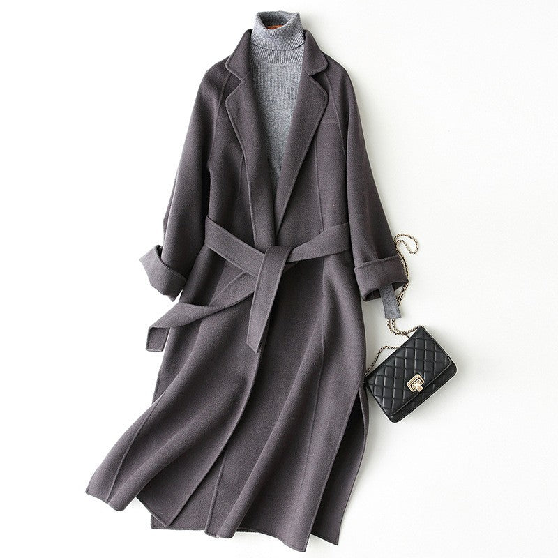 Oversized Raglan Sleeve Belted Wool Long Coat - Iron Gray