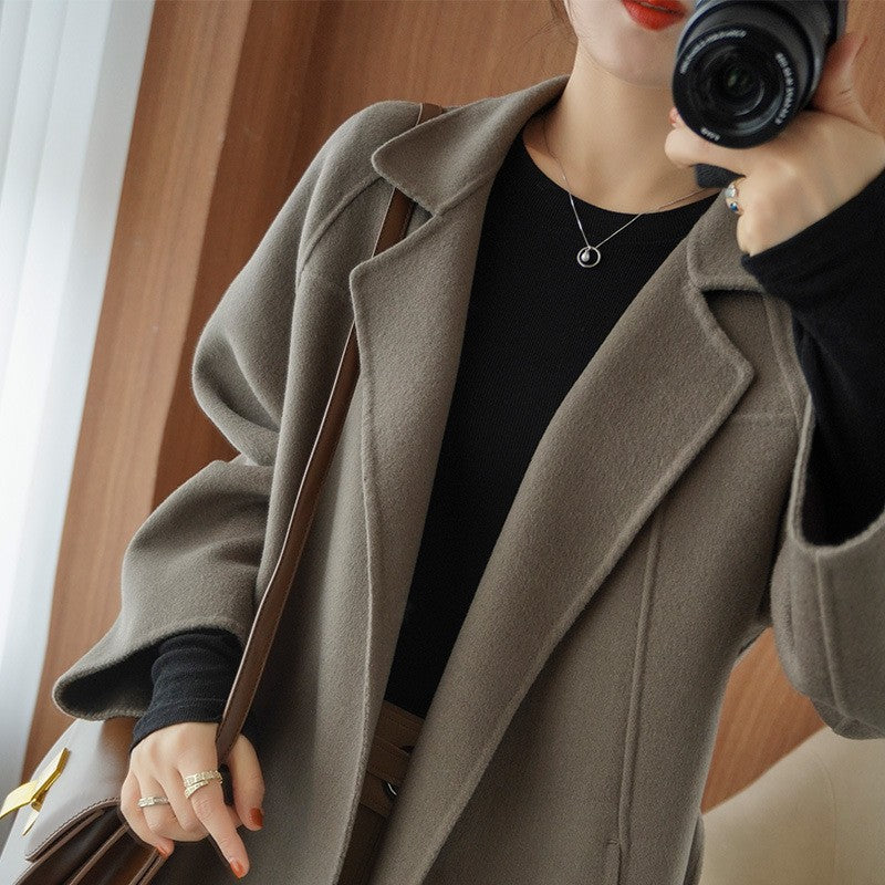 Oversized Raglan Sleeve Belted Wool Long Coat - Taupe