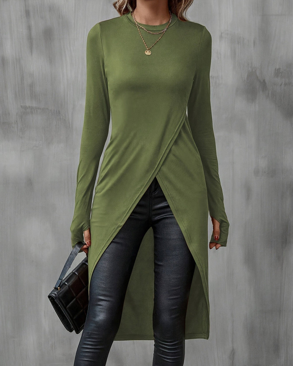 Long Sleeve Split Hem Tunic Tee - Green