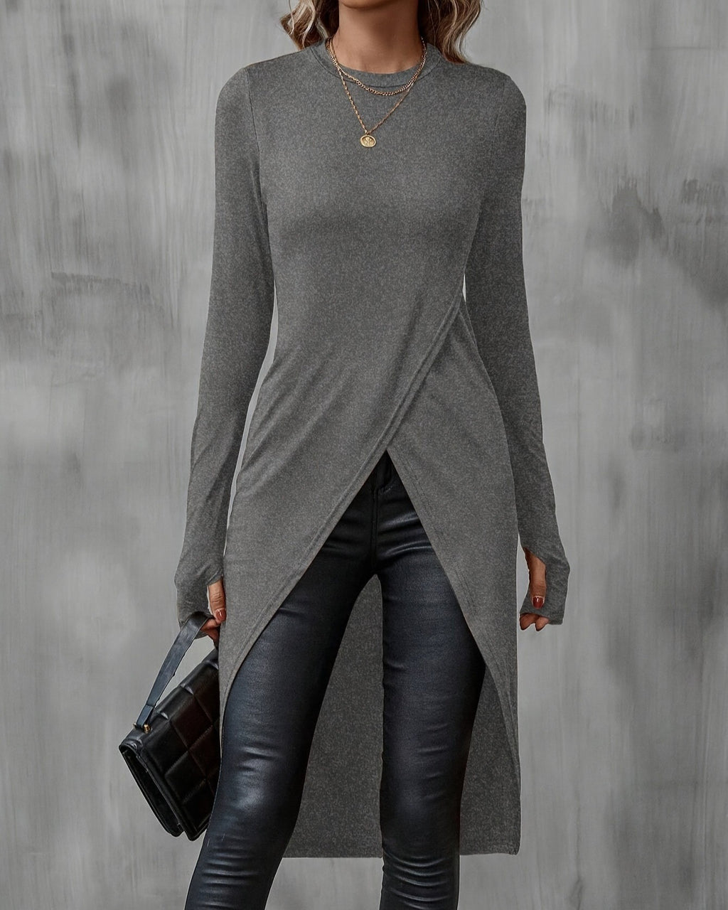 Long Sleeve Split Hem Tunic Tee - Grey