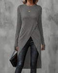 Long Sleeve Split Hem Tunic Tee - Grey