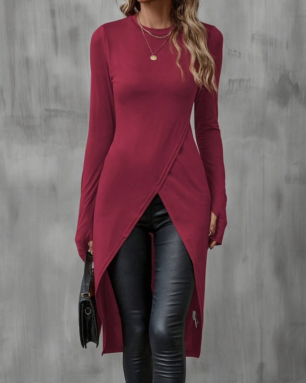 Long Sleeve Split Hem Tunic Tee - Wine-Red - 1