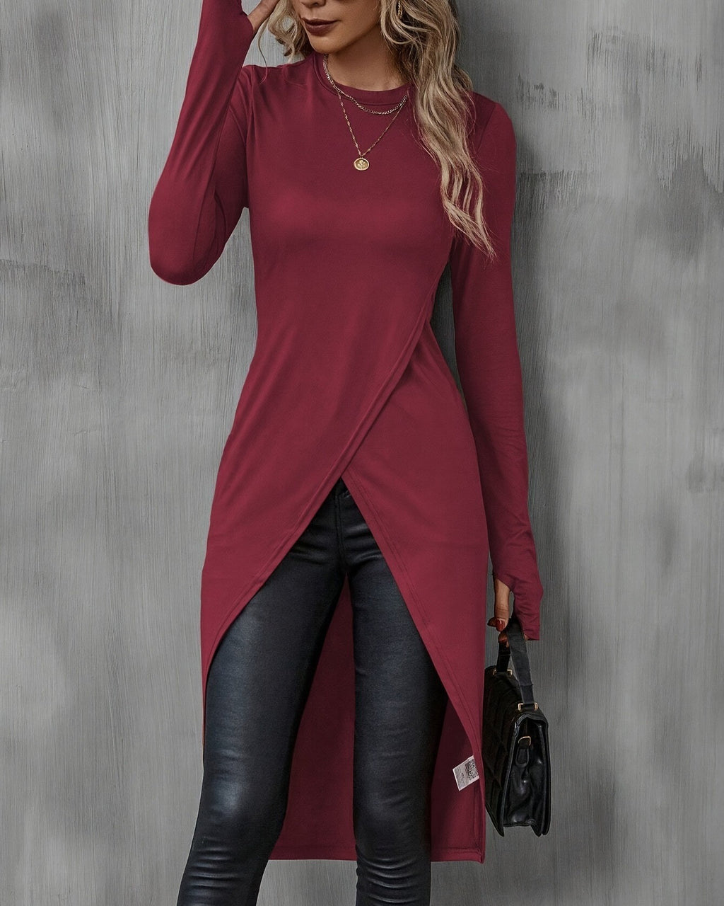 Long Sleeve Split Hem Tunic Tee - Wine-Red - 2