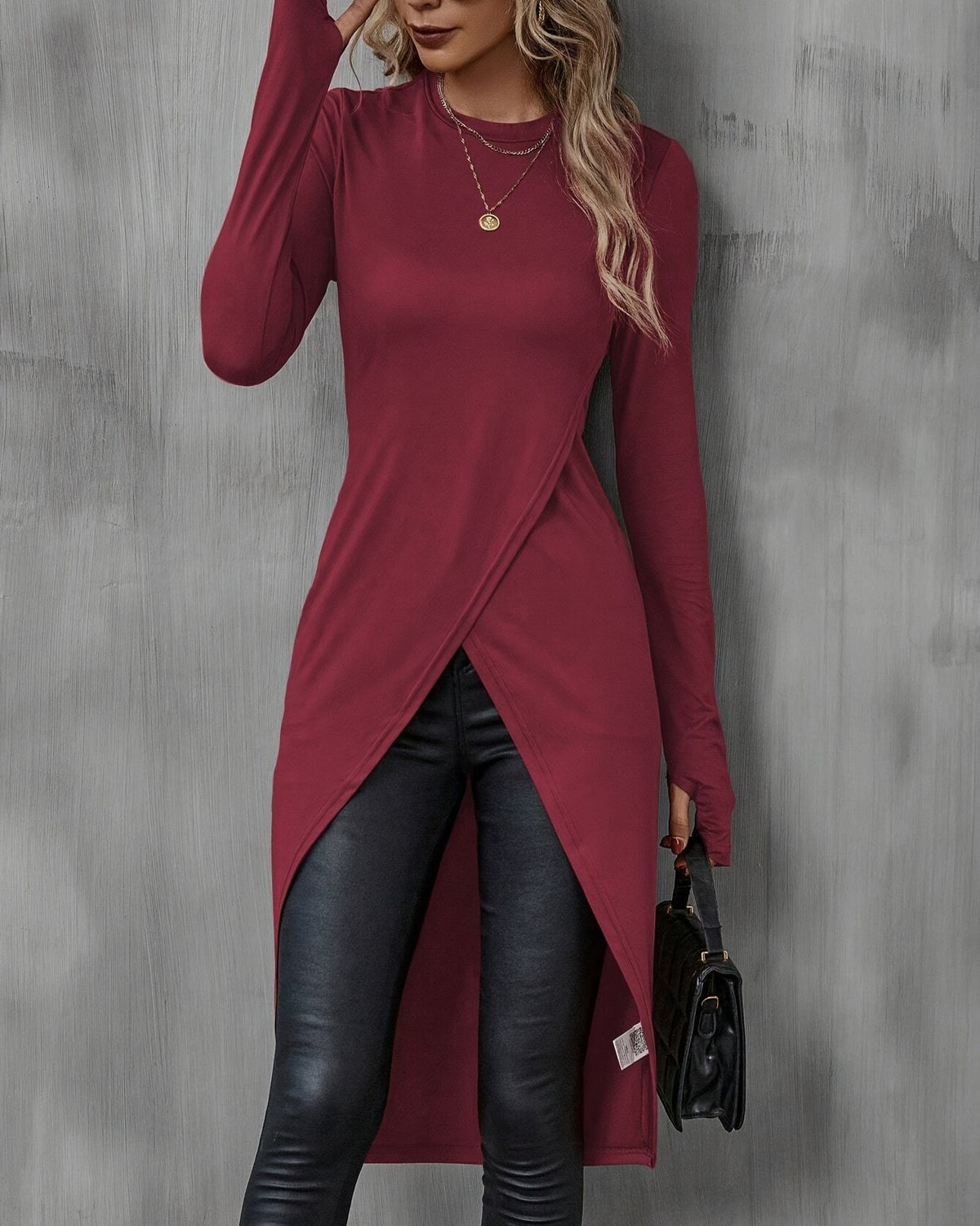 Long Sleeve Split Hem Tunic Tee - Wine-Red - 2