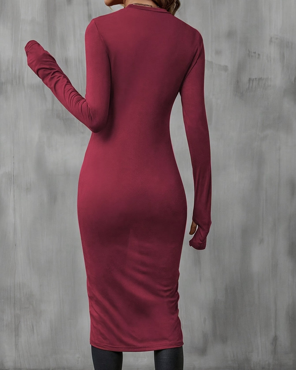 Long Sleeve Split Hem Tunic Tee - Wine-Red - 3