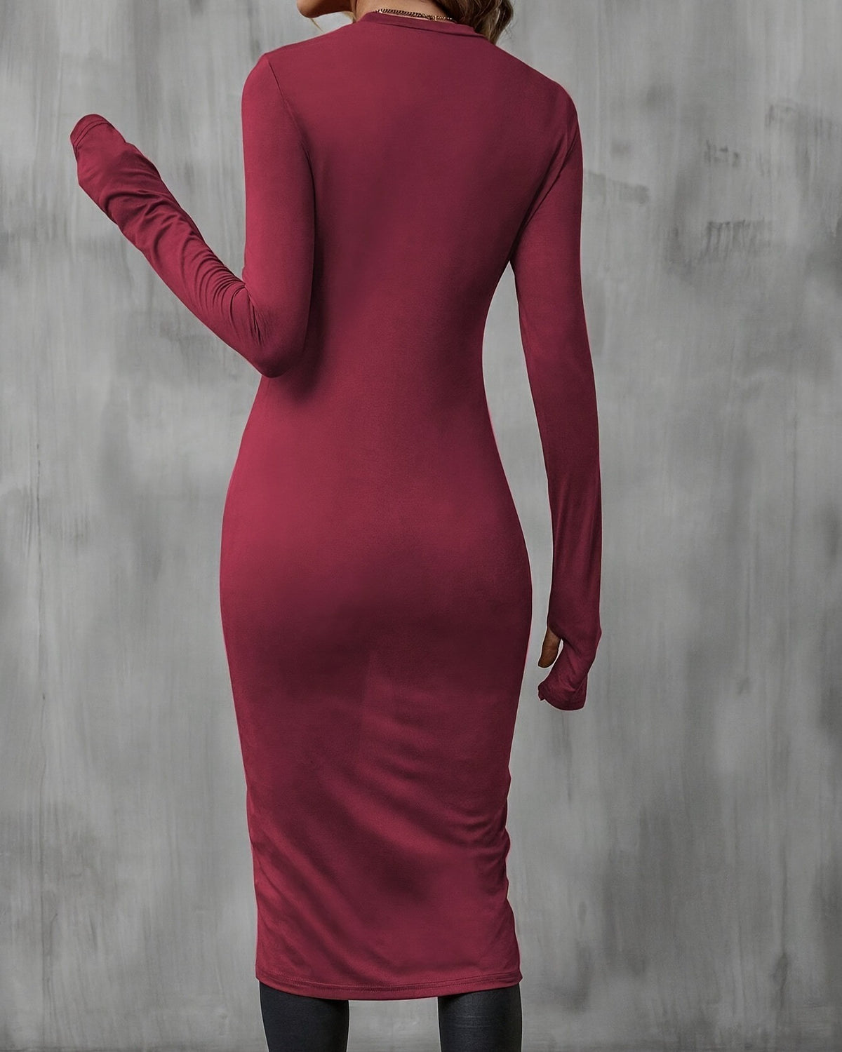 Long Sleeve Split Hem Tunic Tee - Wine-Red - 3