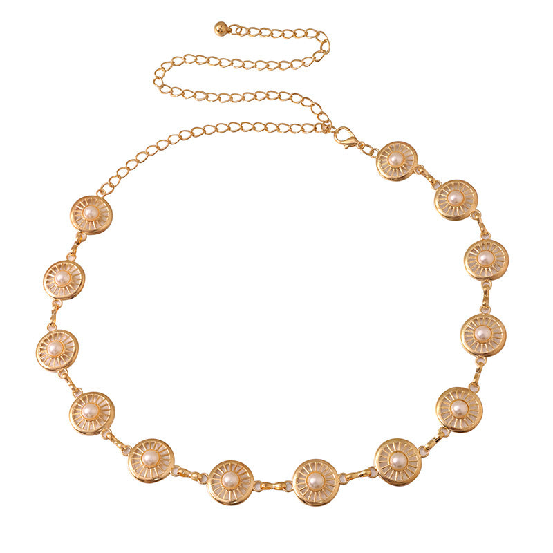 Openwork Disc Pearl Waist Chain Belt - Gold