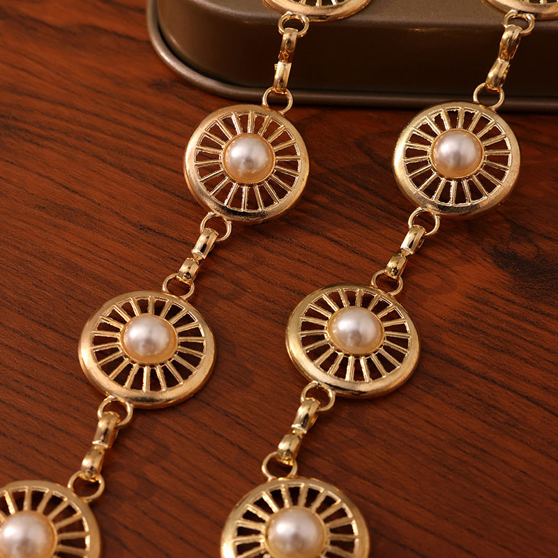 Openwork Disc Pearl Waist Chain Belt - Gold - 1