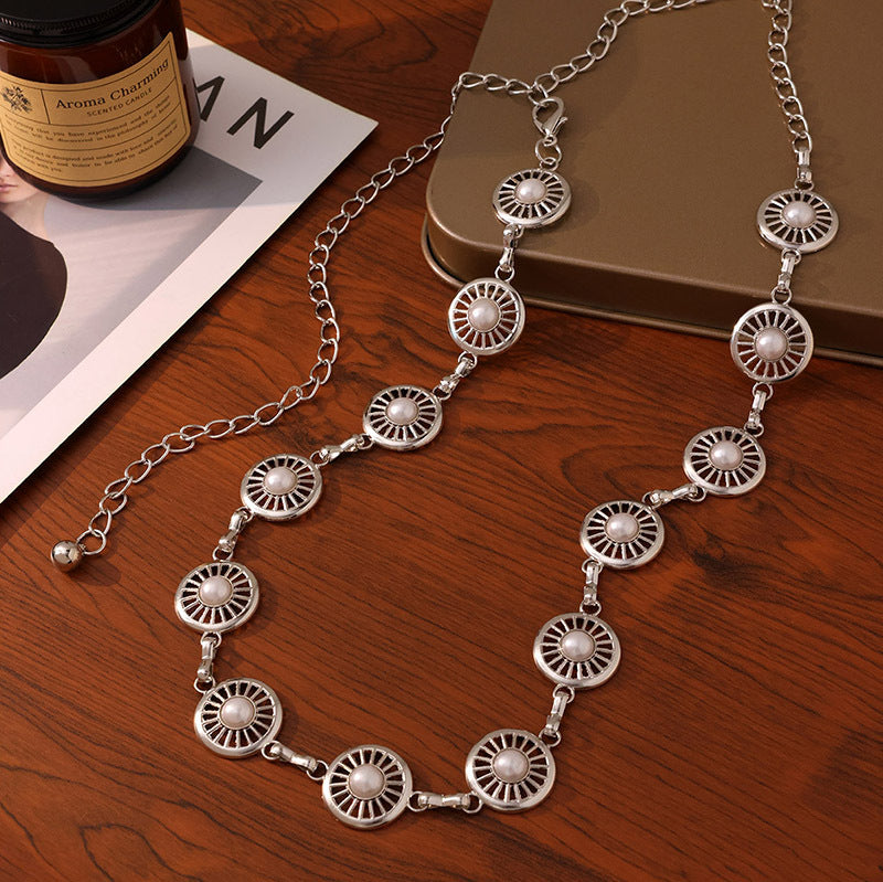 Openwork Disc Pearl Waist Chain Belt - Silvery